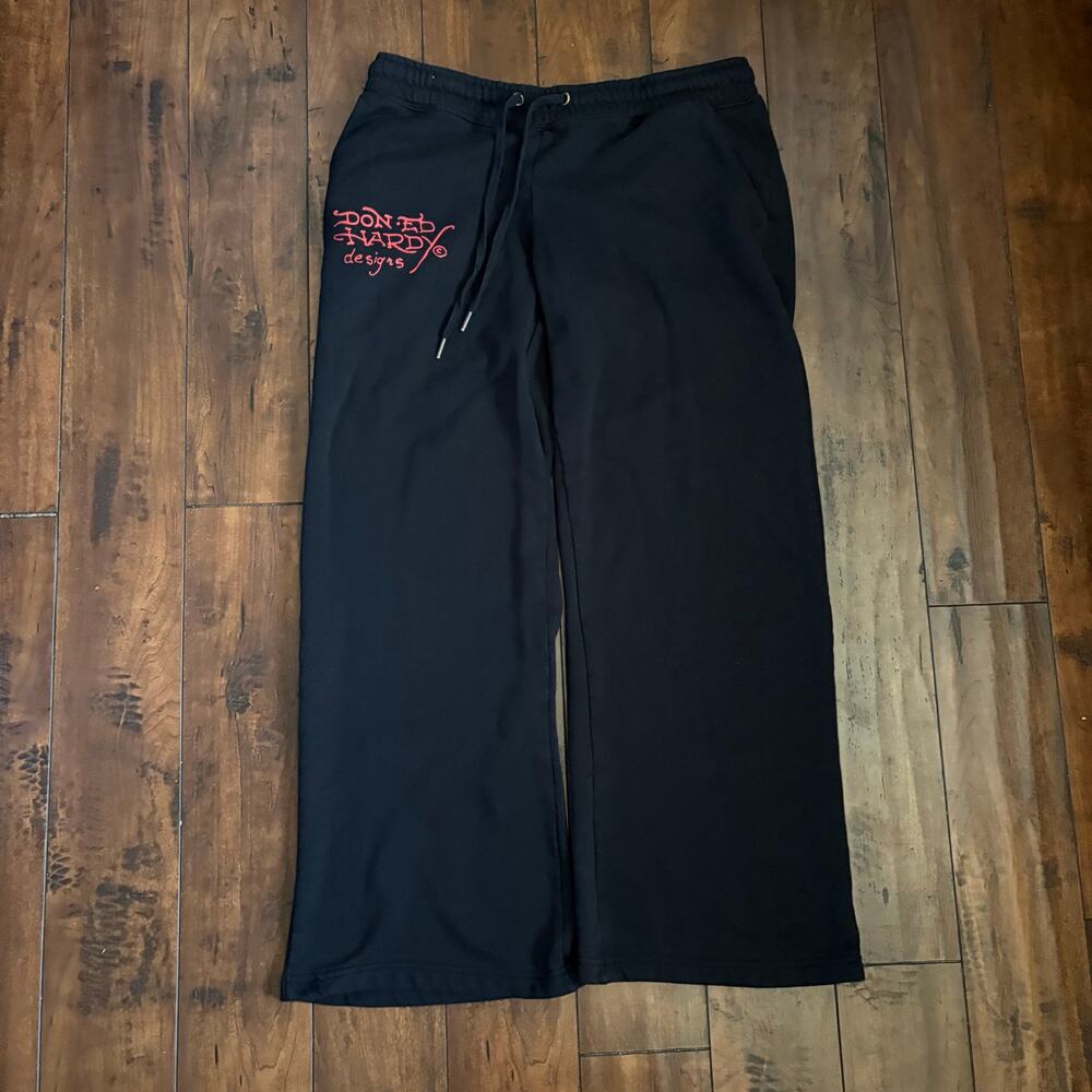 Y2K Ed Hardy Wide Leg Sweatpants Womens L Black Tattoo Drawstring 2000s Skater